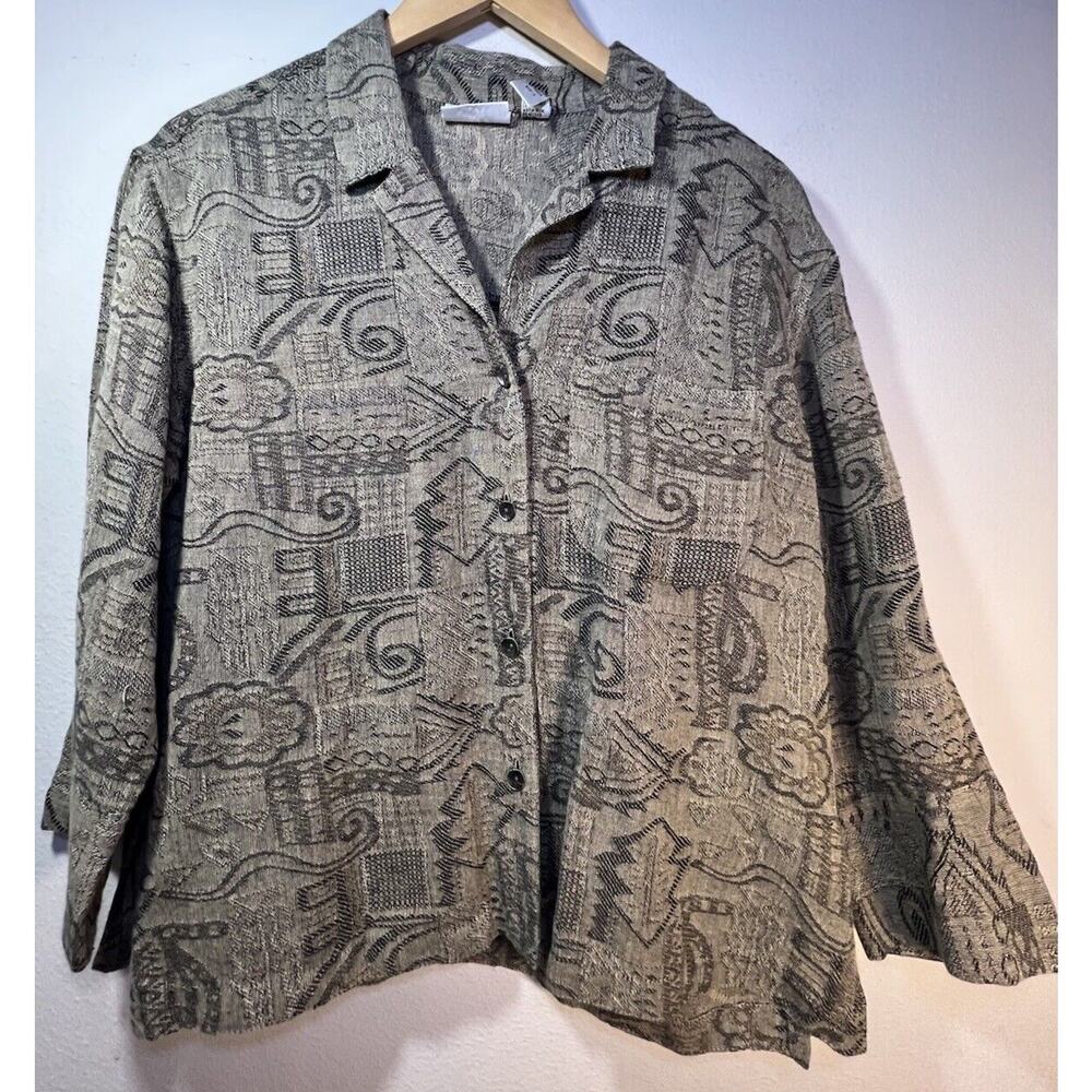 Chico's medium Vintage Linen Blend Jacket Geometric Aztec Blazer Casual Retro